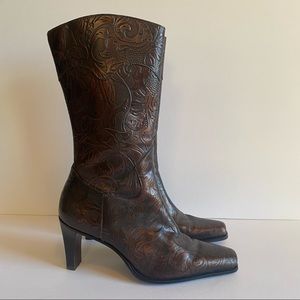 Antonio Melani 6.5 Colby Brown Embossed Tooled Heeled Boots Square Point Toe.